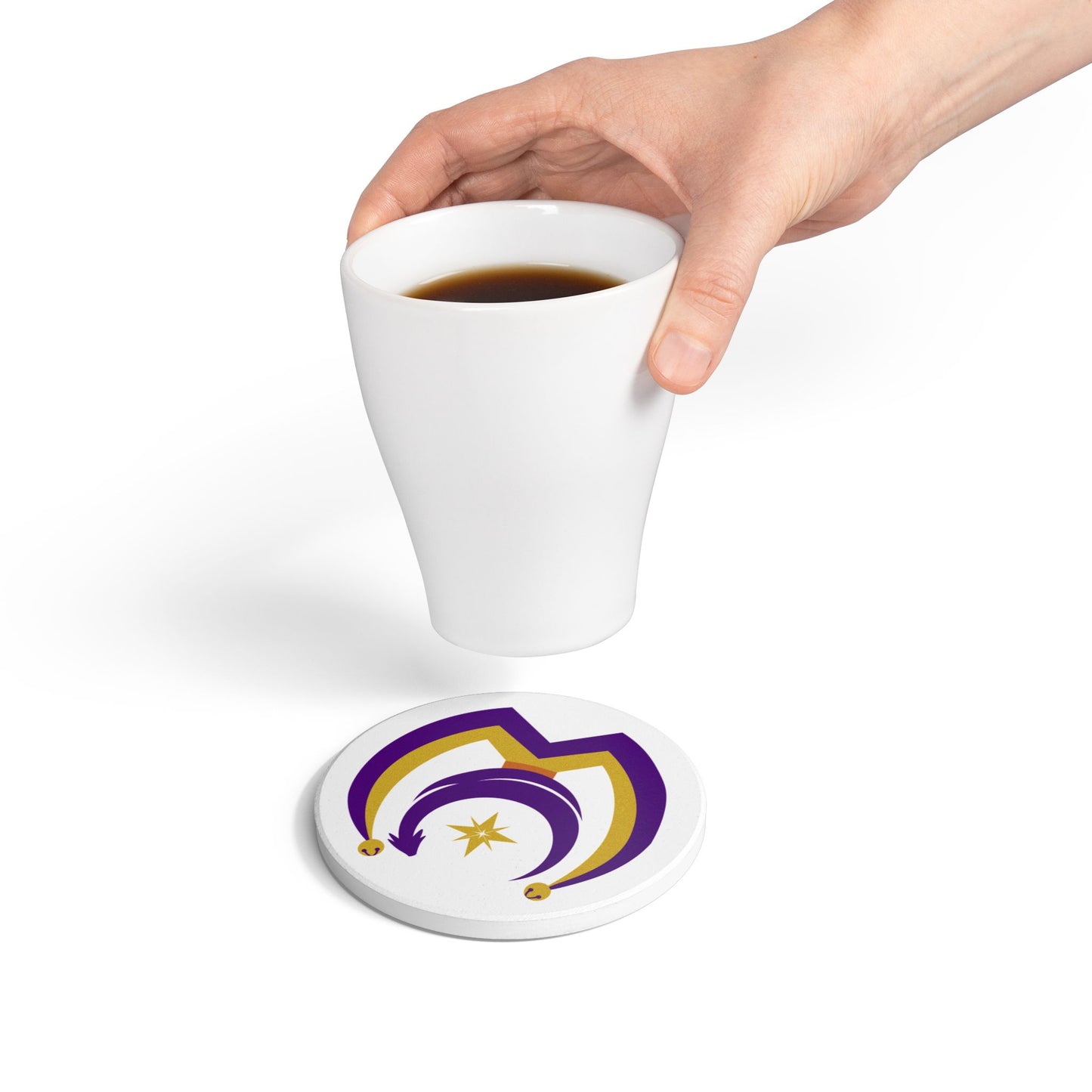 Coaster with Myths and Mischief Logo